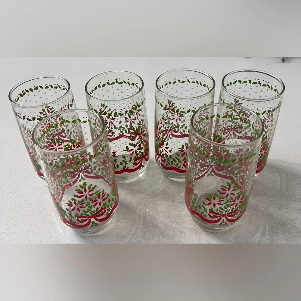 Vintage Christmas Holly Red Ribbon Texture Snow Drink Glasses 5” Set Of‎ 6